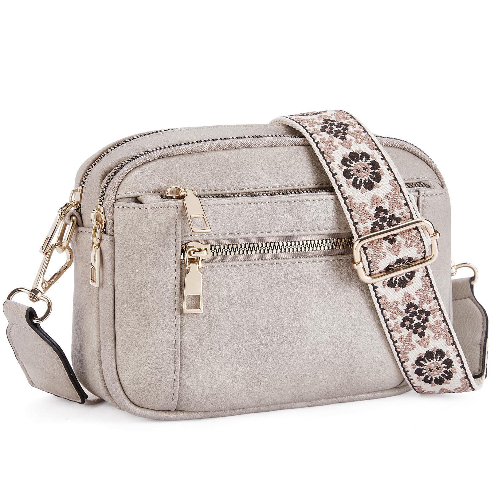 Triple-zipper Shoulder Bag With Floral Embroidered