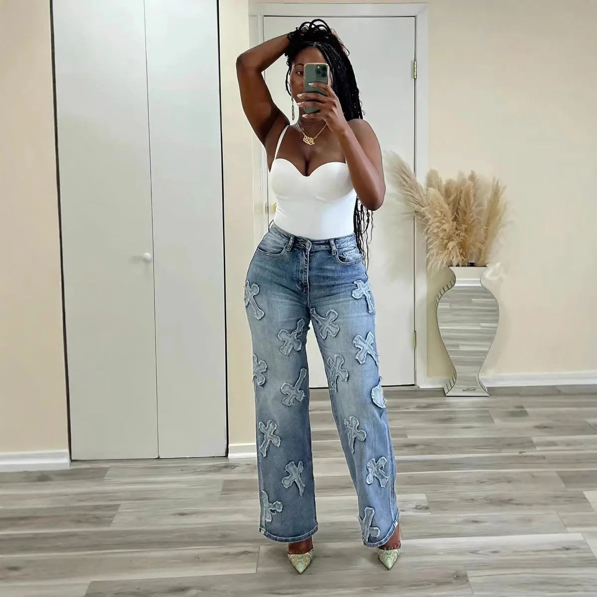 Vintage Washed Denim Fringe Cross Patch Straight Women's Jeans