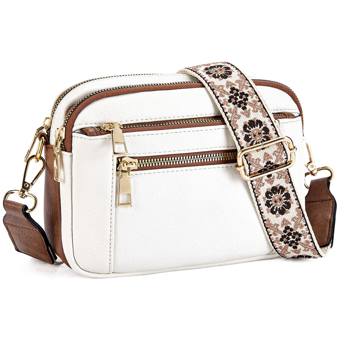 Triple-zipper Shoulder Bag With Floral Embroidered