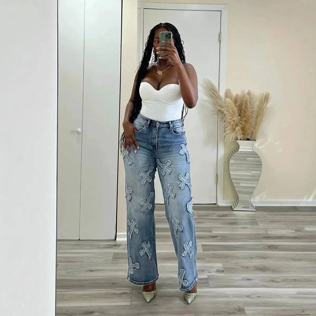 Vintage Washed Denim Fringe Cross Patch Straight Women's Jeans