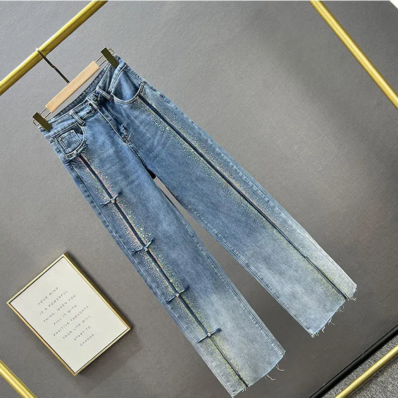 Rhinestone Denim Wide-leg Pants