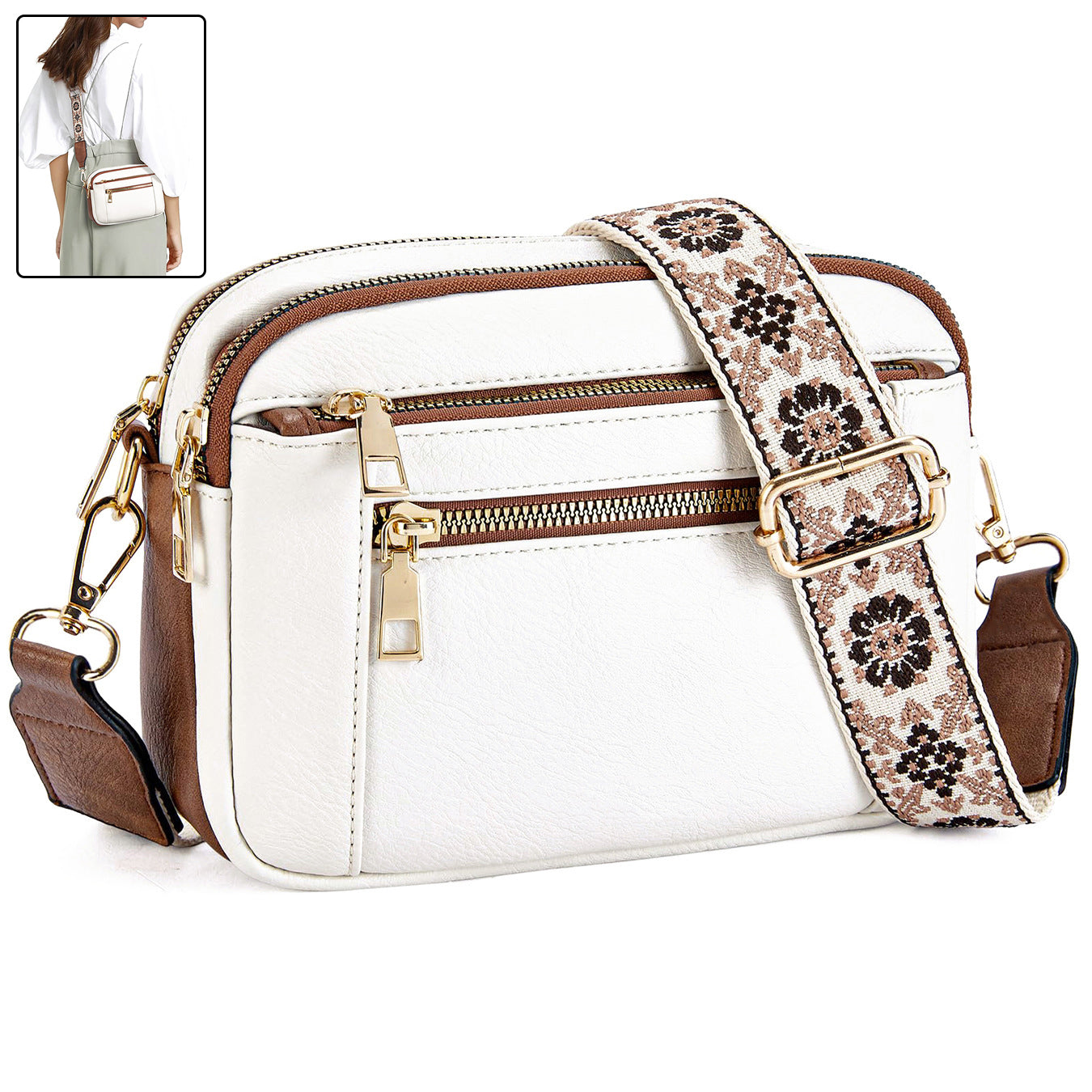 Triple-zipper Shoulder Bag With Floral Embroidered