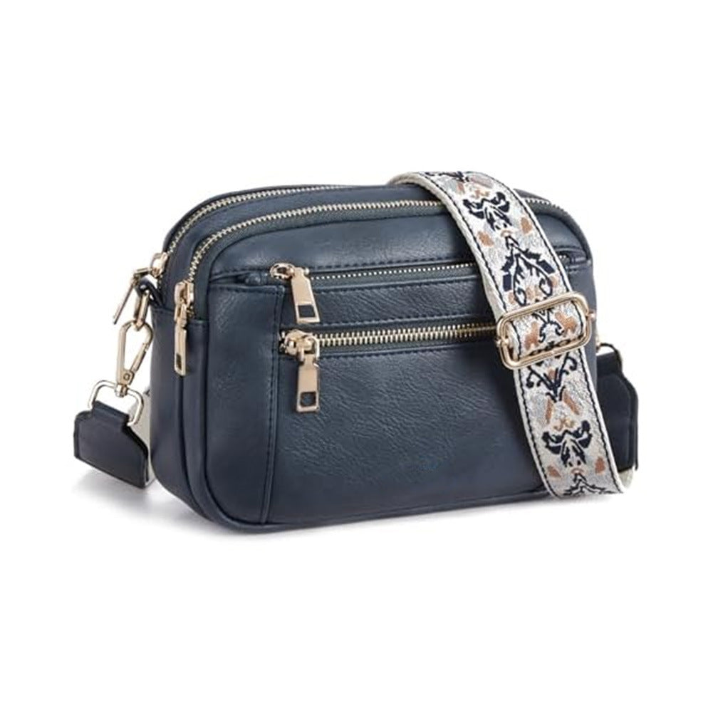 Triple-zipper Shoulder Bag With Floral Embroidered