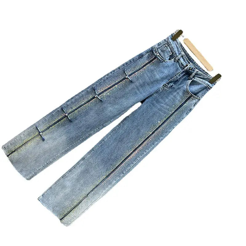 Rhinestone Denim Wide-leg Pants