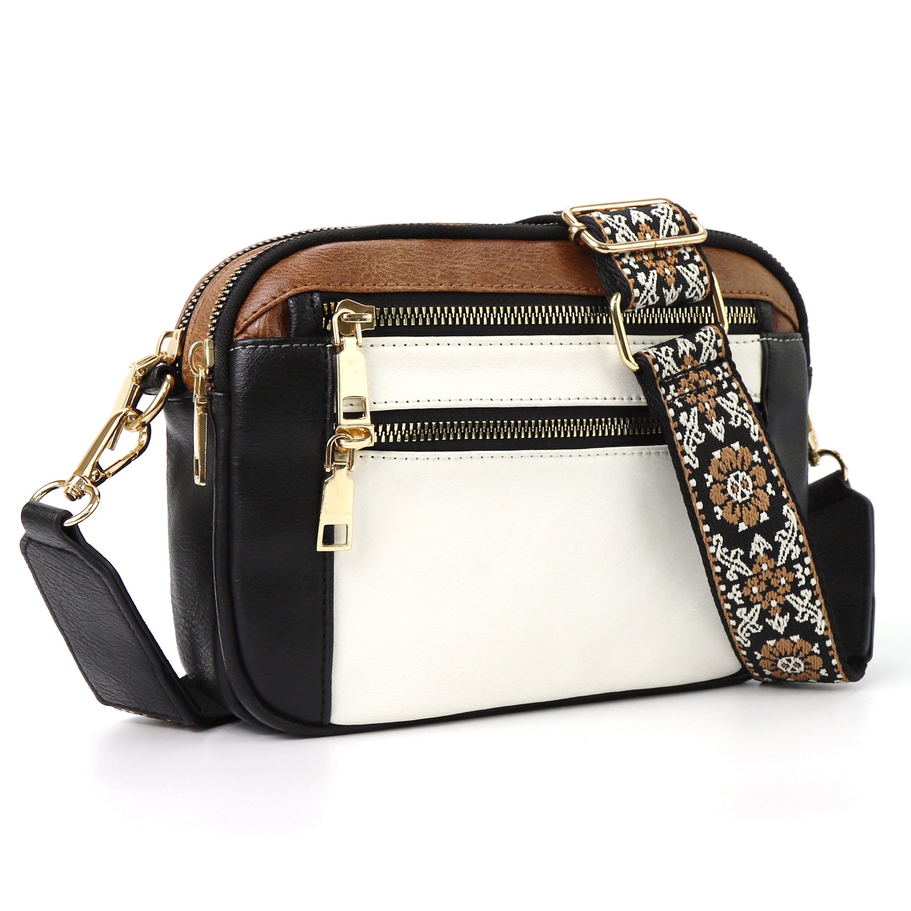 Triple-zipper Shoulder Bag With Floral Embroidered