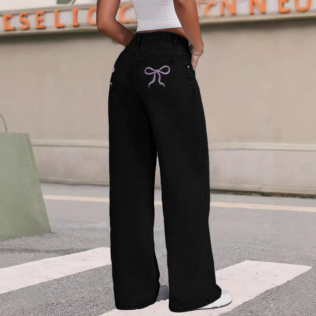 Bow-knot Embroidered Trendy Loose-fit Casual Jeans