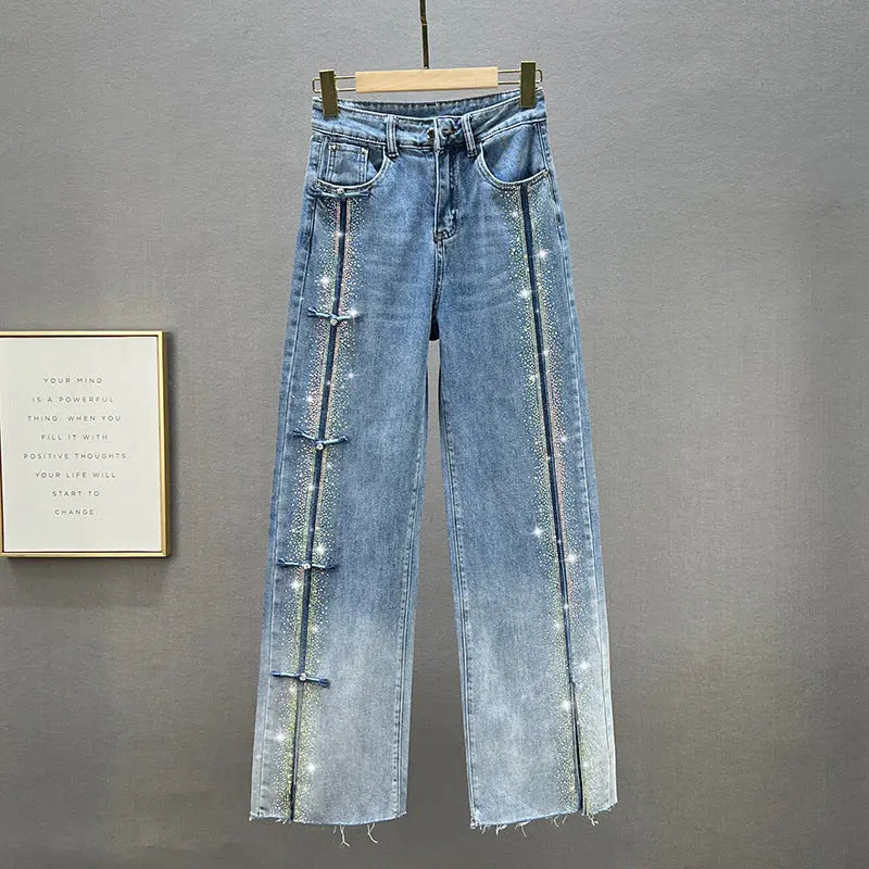 Rhinestone Denim Wide-leg Pants